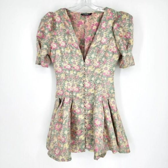 Shein Mini Dress S Pink Colorful Metallic Floral Puff Sleeve Button Front Pleat - Picture 2 of 12